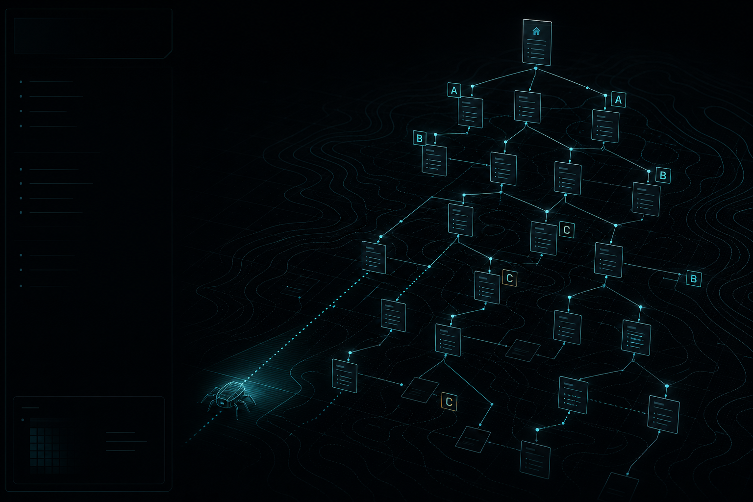 Glowing map of a website's pages and links as seen by a search engine crawler